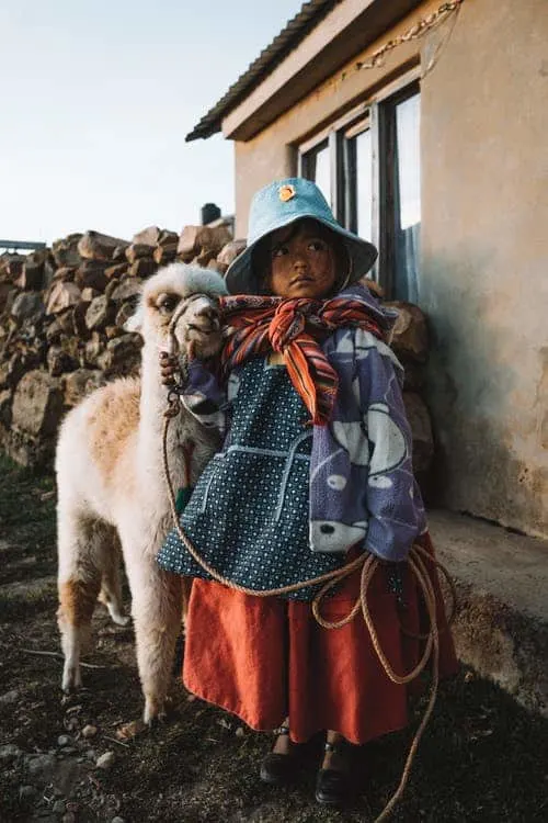 Junges peruanisches Kind mit ihrem Alpaka. 