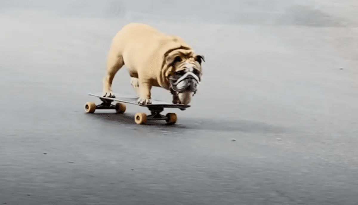 Skateboard-loving Bulldog Guards His Prized Possession