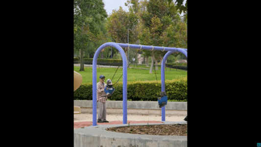 Elderly Man Pushes His Dogs on the Swings