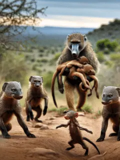 baboon carries mongoose