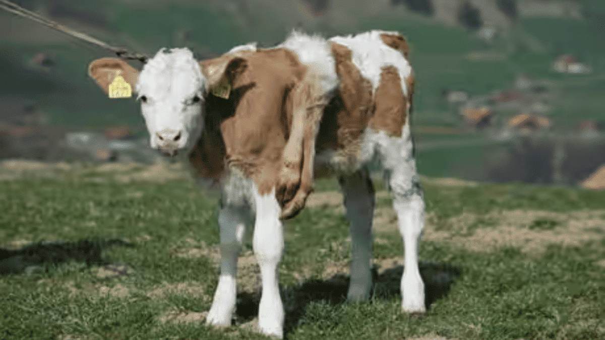 cow standing on grass with extra legs 