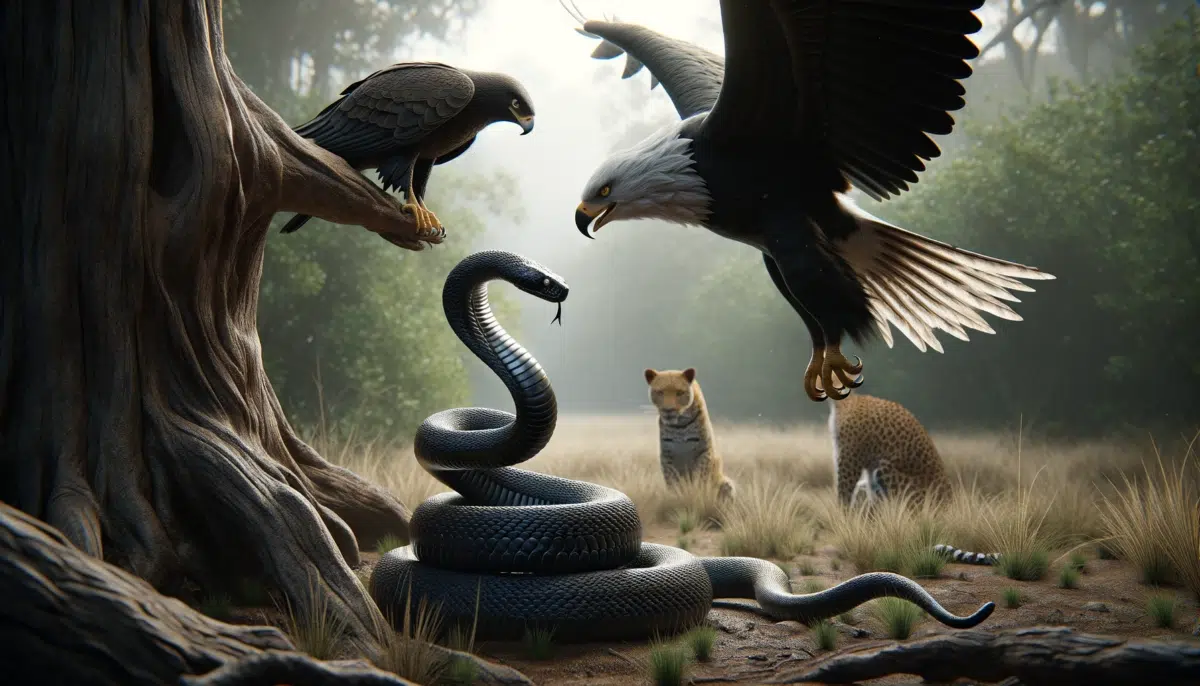 Eagle and black mamba with leopard face off, Illustration by Chris with DALLE