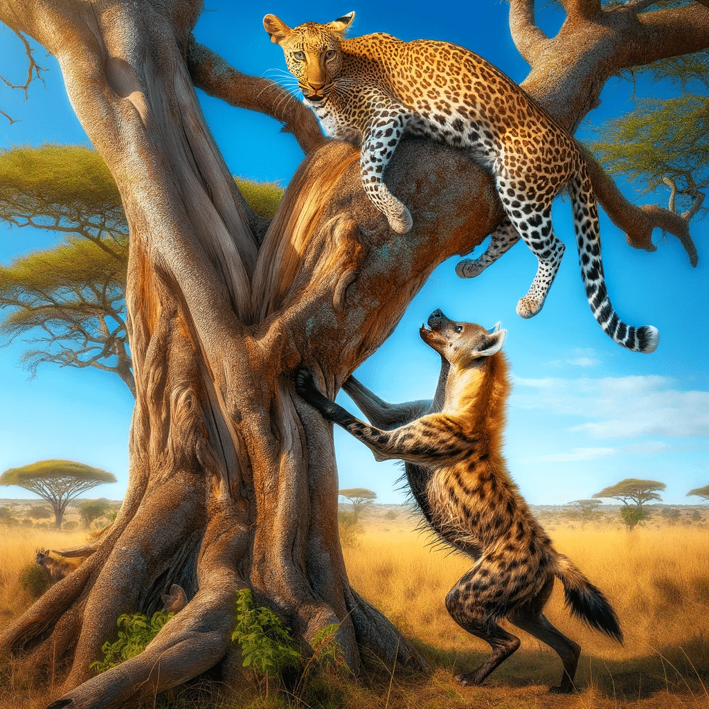 Leopard up a tree with hyena