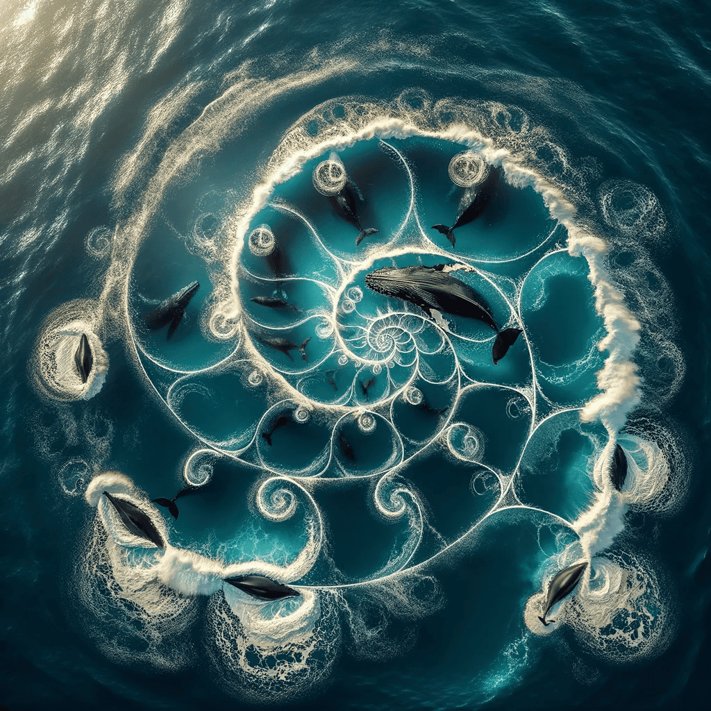 whales creating a Fibonacci spiral