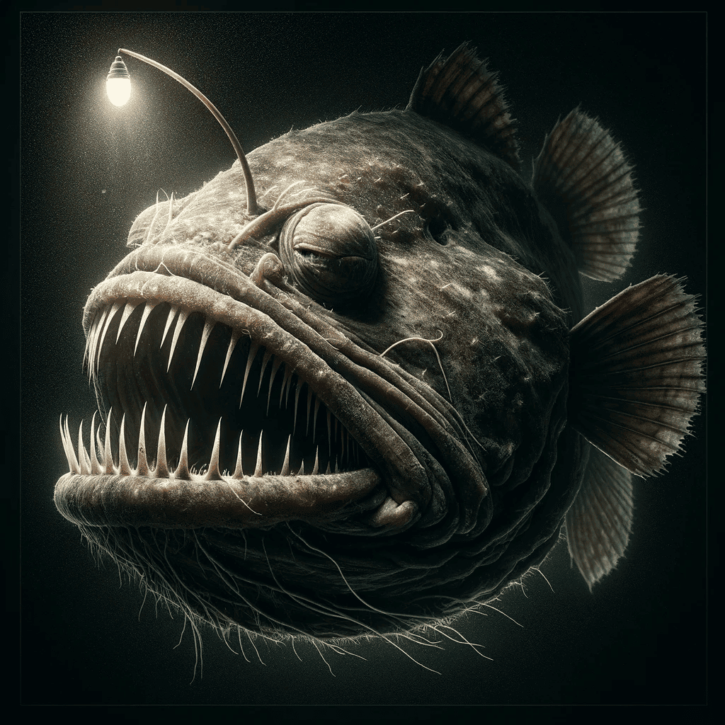 DALL·E 2024-01-22 12.00.14 - A highly realistic, square depiction of an Anglerfish in the deep ocean with a subtly glowing luminescent lure. The image should capture the Anglerfis