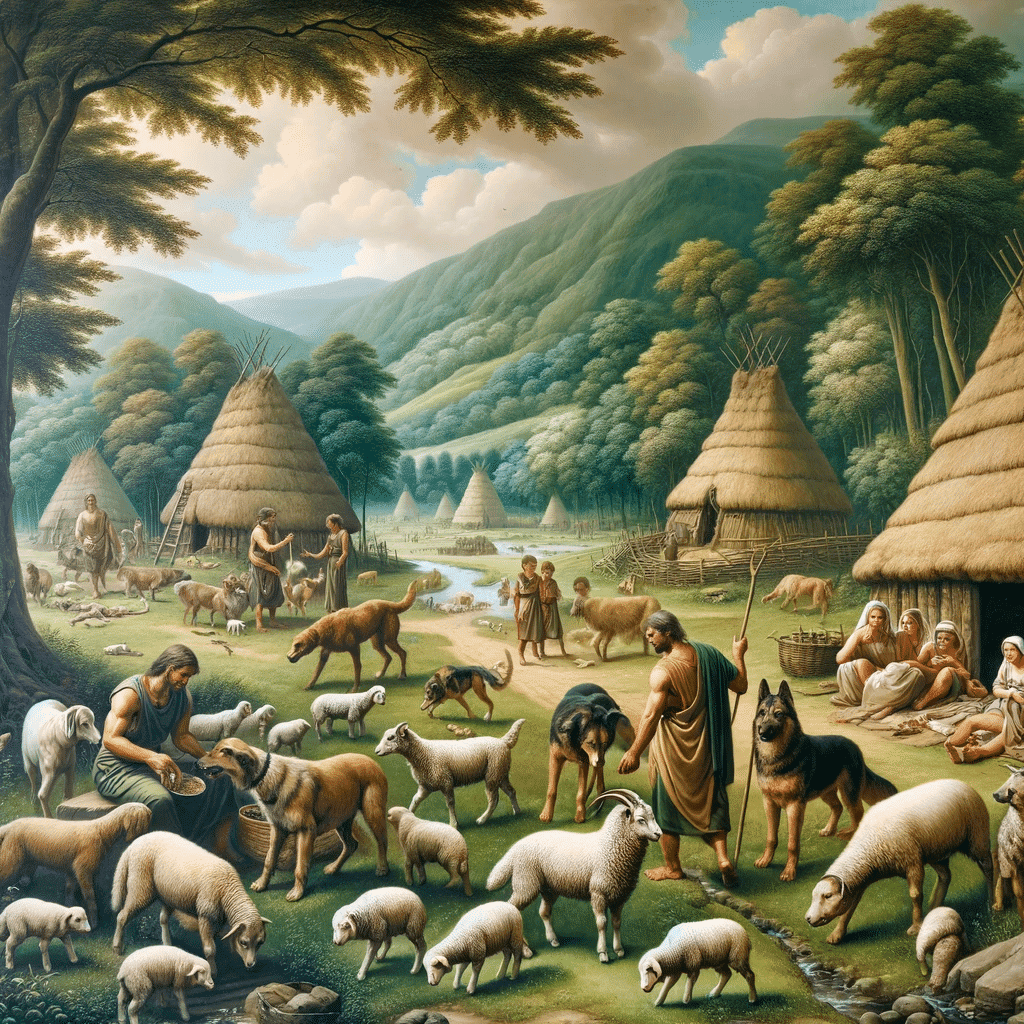 A scene depicting the domestication of animals in an ancient setting.