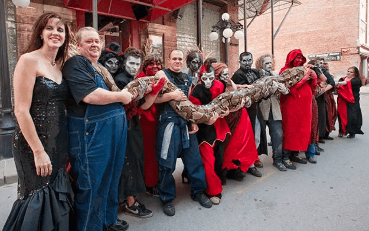 The 10-year-old snake required 15 men to hold her at full length in order for her record measurement to be taken. Credit: Guinness World Record