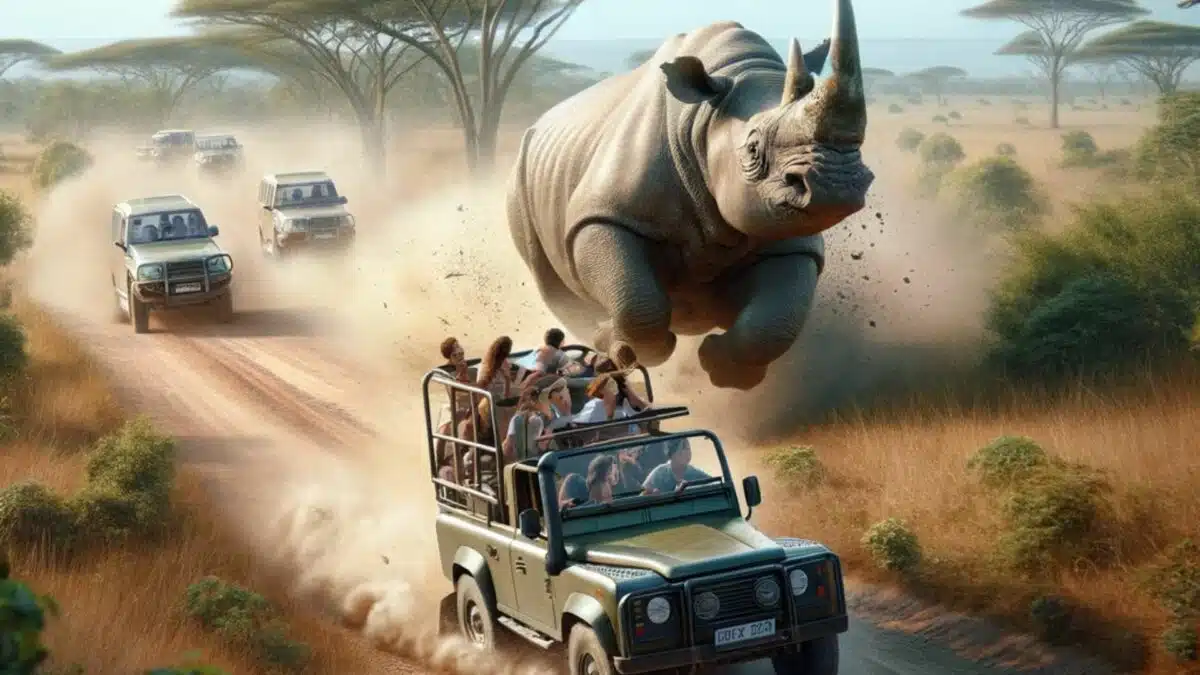 high-speed chase with rhino