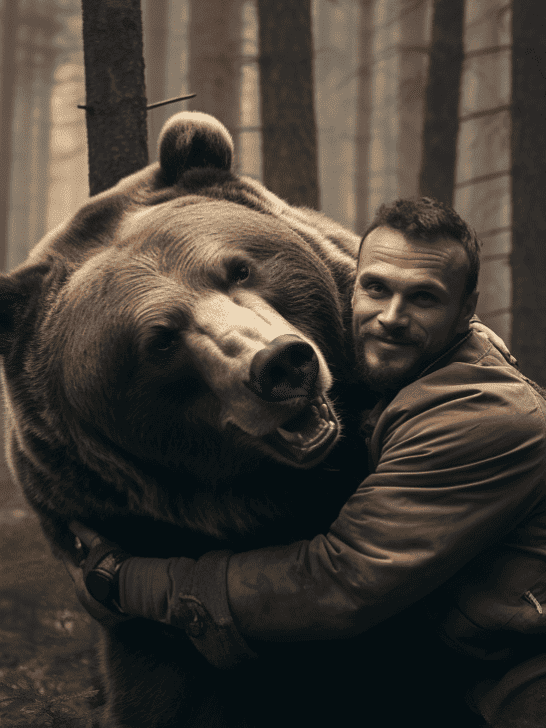 Playful Wrestling Between Russian Man and His Bear Best Friend