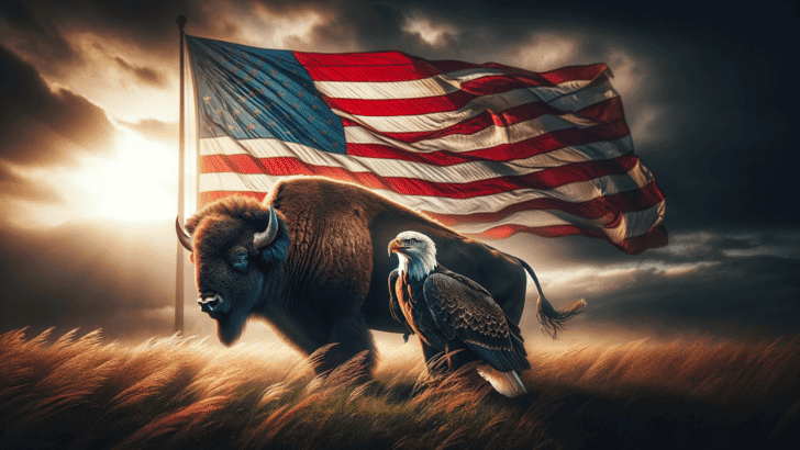 Eagle and Bison with US Flag, Illustration by Chris Weber with DallE