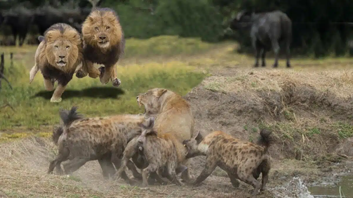 Lion Protects Siblings from Hyenas
