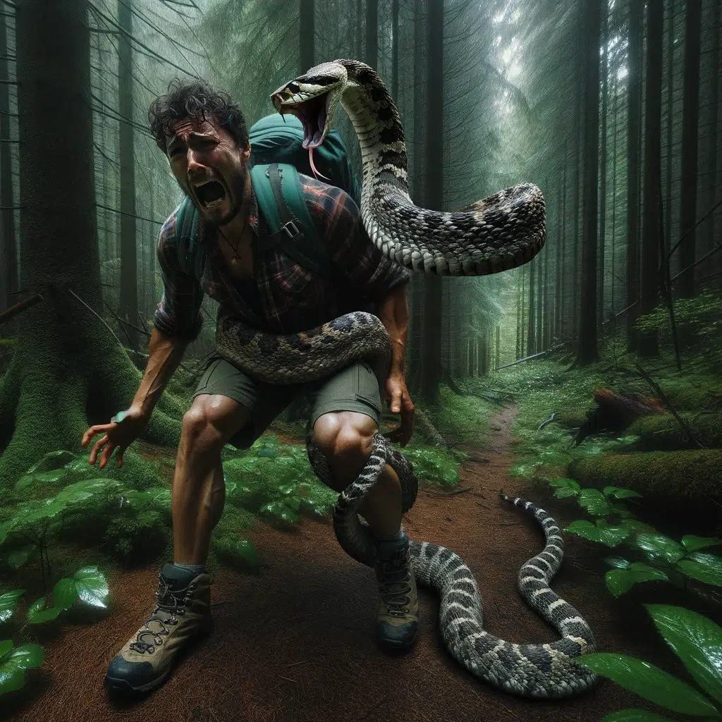 rattlesnake on man in forrest - Illustration by Chris with DALL E