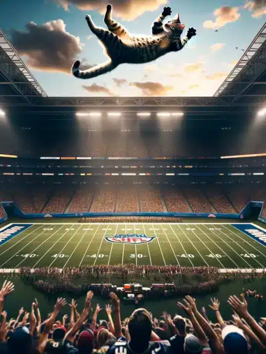 American Football Fans Catch A Cat Falling  From The Roof Of The Stadium