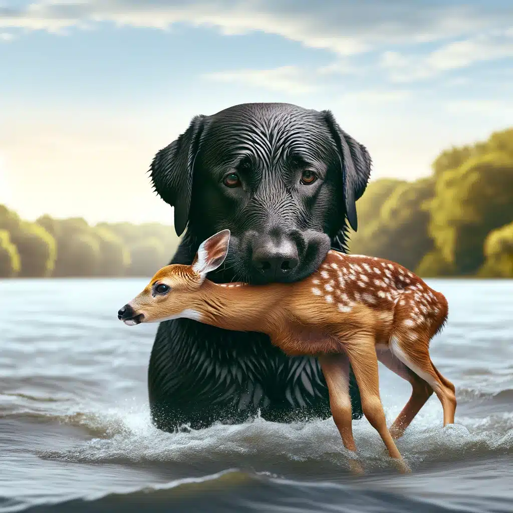 Black Labrador Carrying a deer