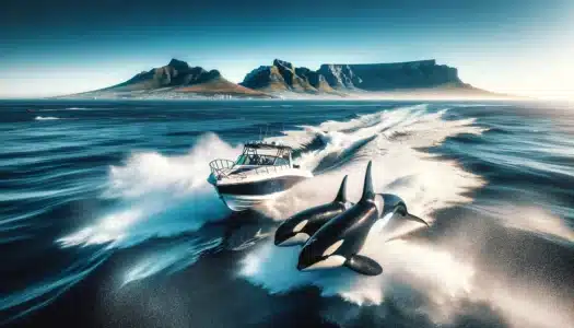 Orcas Swim Alongside A Boat Off The Coast Of Cape Town