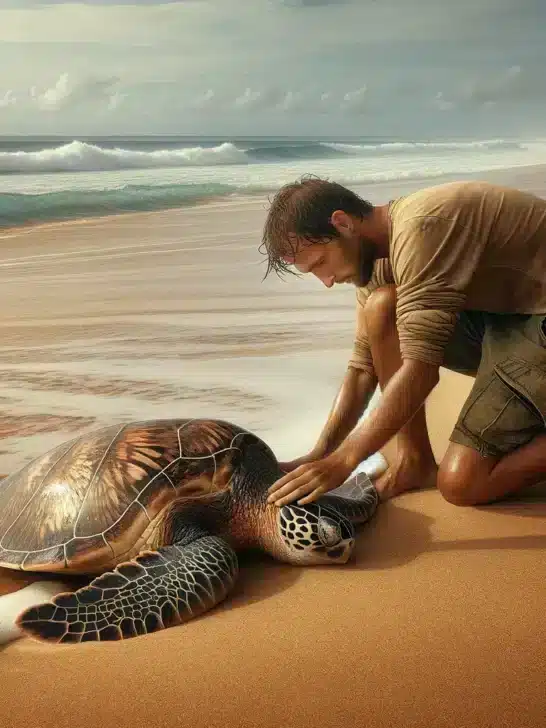 A Man Rescues Beached Turtle Stuck On Back