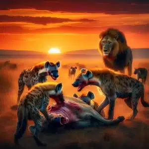Huge Male Lion Rescues Lioness’ Kill from Hyenas’