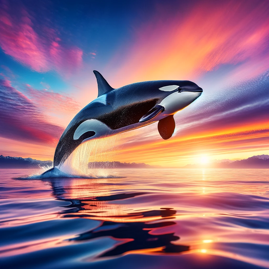 Orca leaping out of the ocean at sunset