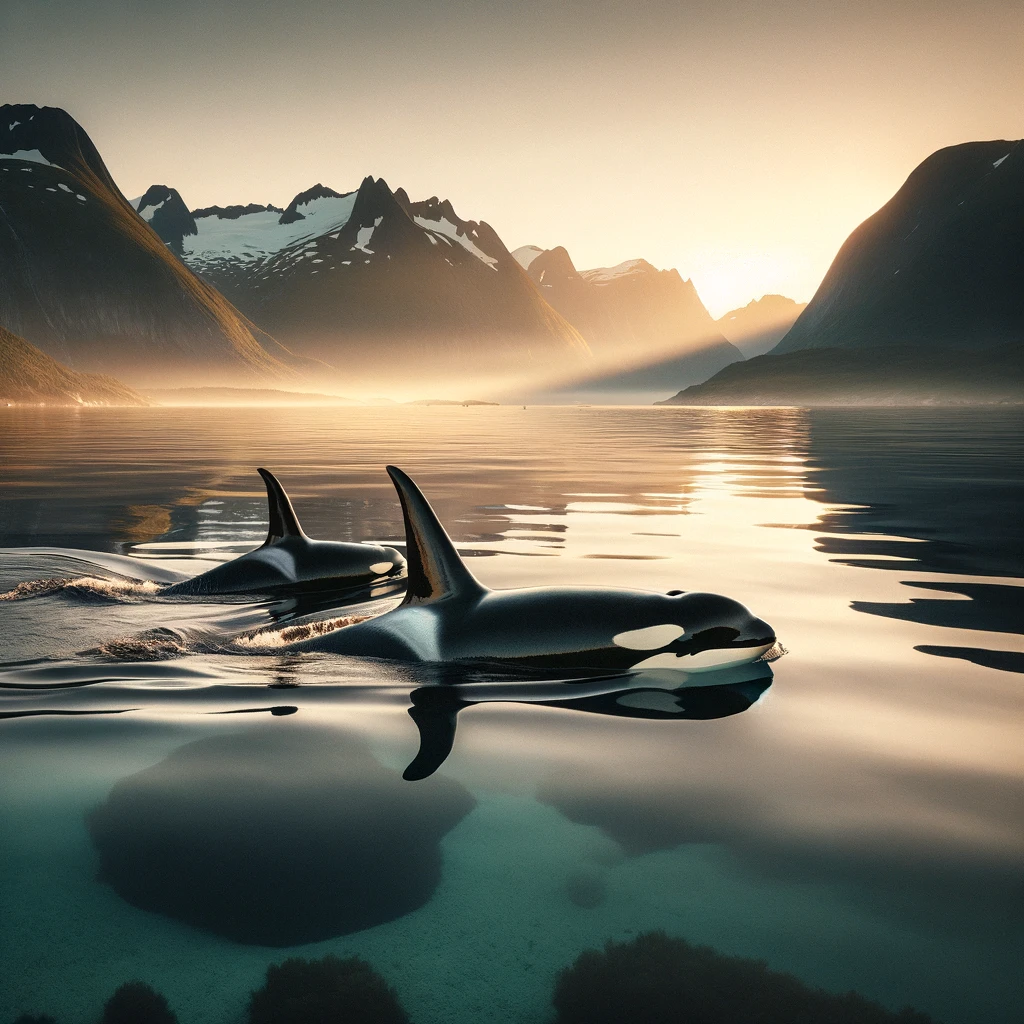 Orca mother and calf swimming side by side in the waters of Norway
