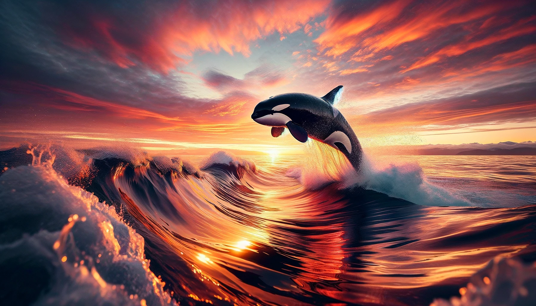 Orca jumping on the waves in a sunset.