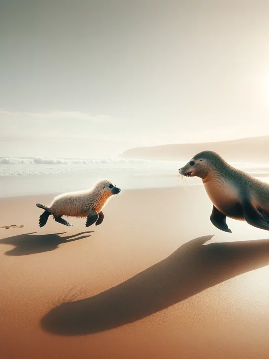 Seal Runs Afer Her Curious Pup Trying To Explore