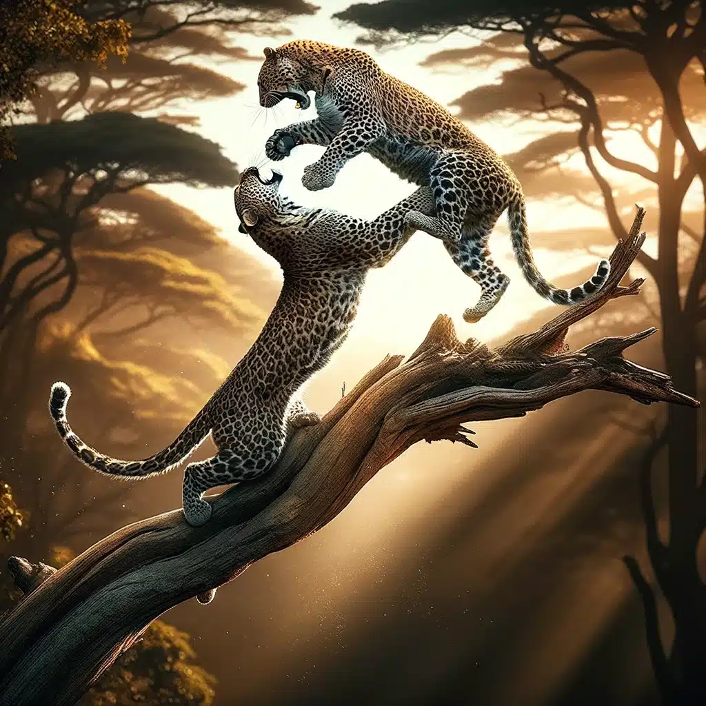 Leopards fighting in a tree