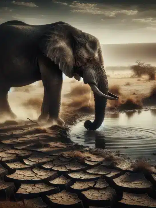 Elephant Cleans Dirty Water From A Dry River Bed To Drink