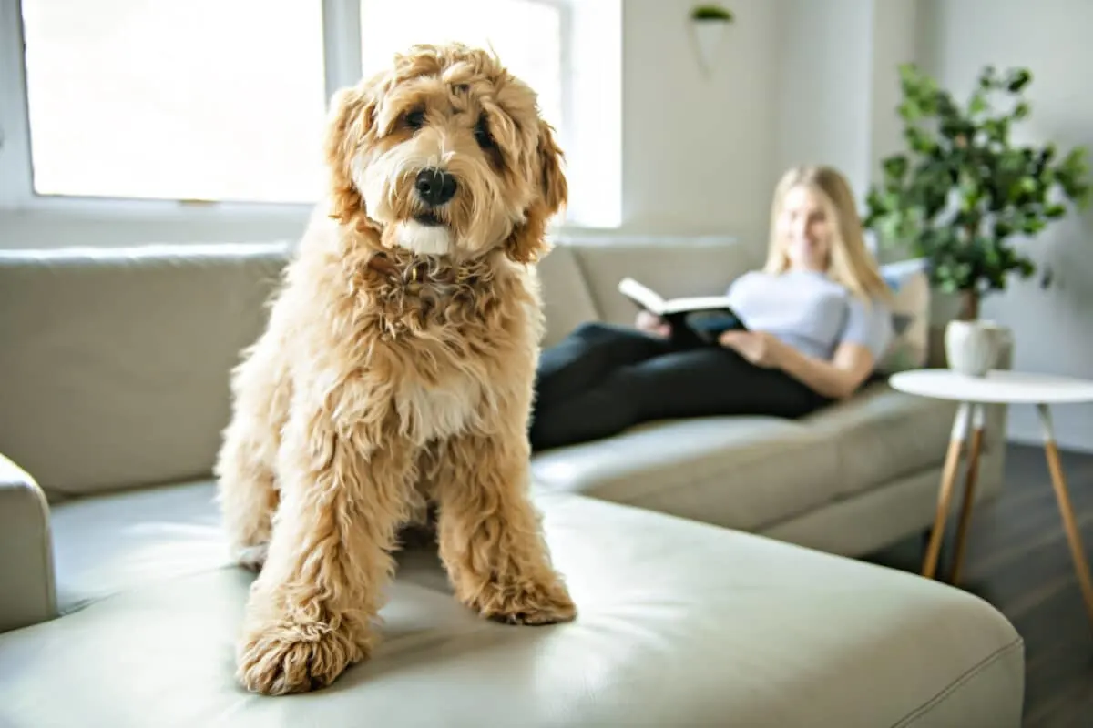 Labradoodle dog taking advantage of its hypoallergenic coat by lounging on the furniture. Image by Lopolo via Deposit Photos