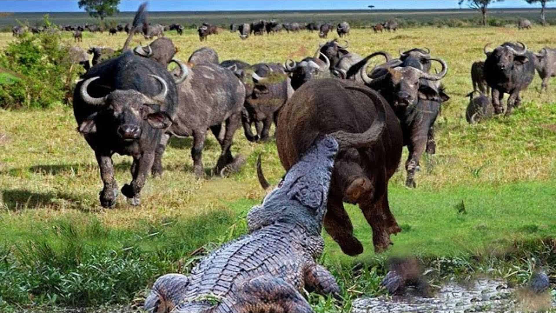 Crocodile Targets Buffalo's Face