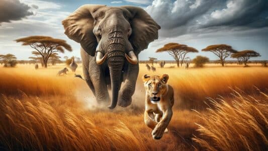 Huge Elephant Attacks Lioness But Spares Cubs