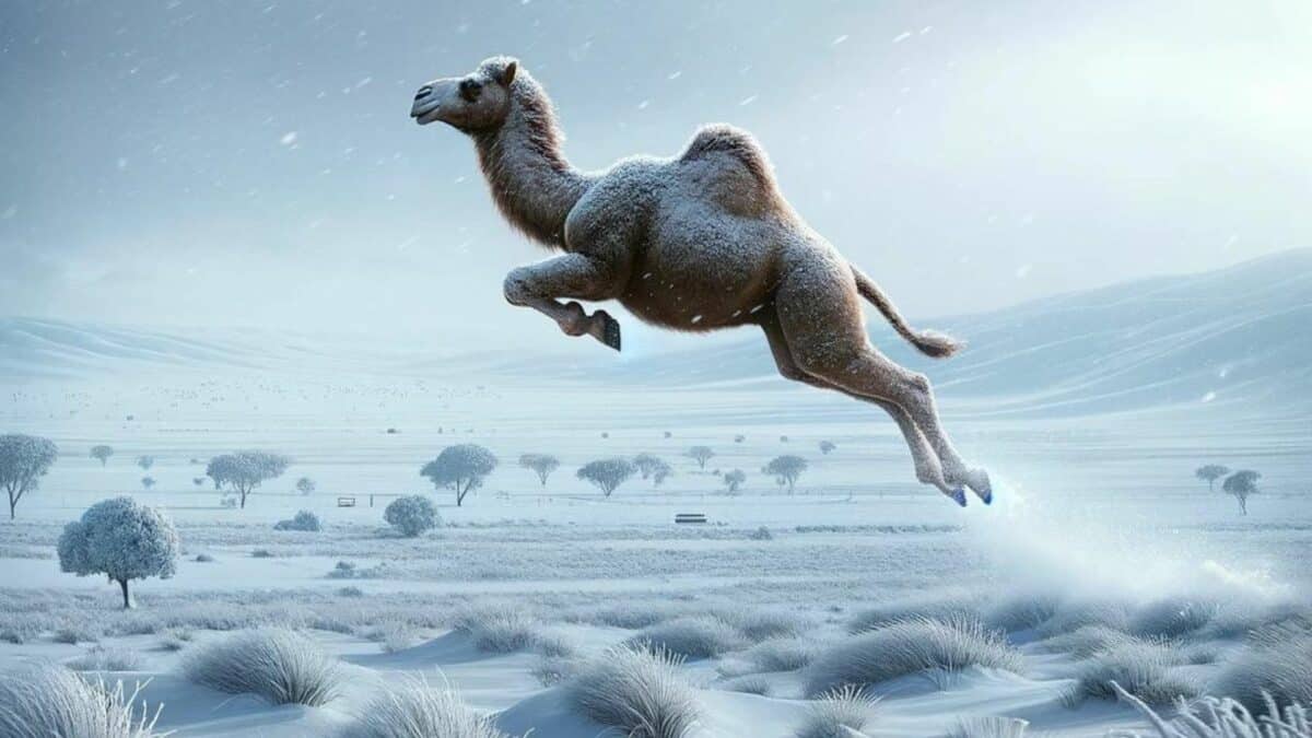 camel jumping in snow
