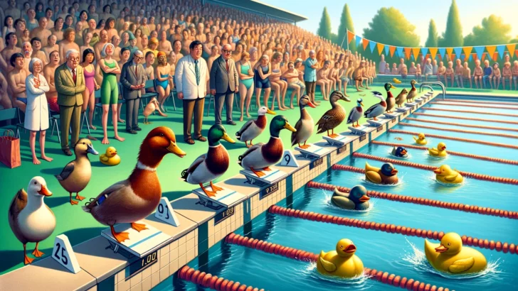 Duck Flock Tries To Take Part In A Swimming Gala