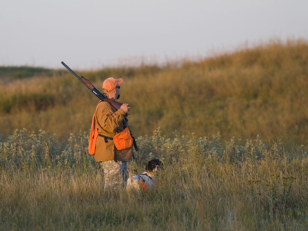 Man hunting with his dog in a field. image via depositphotos.