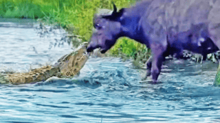 Buffalo Drags Croc Out of the Water by Its Nose