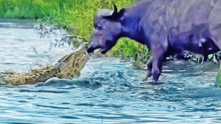 Watch: Buffalo Drags Croc Out of the Water by Its Nose