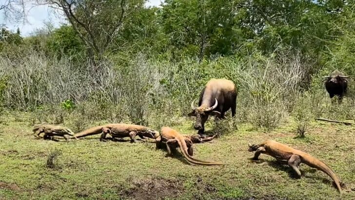 Mother Buffalo Tries to Save Baby From Komodo Dragons