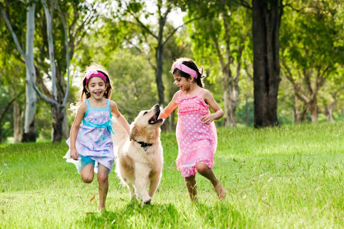 Two Girls running with Golden Retriever in Park