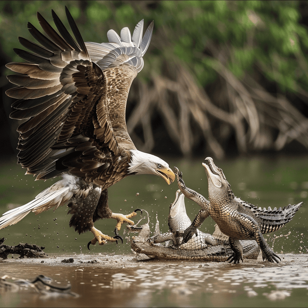Eagle Challenging Crocodile Mother. 