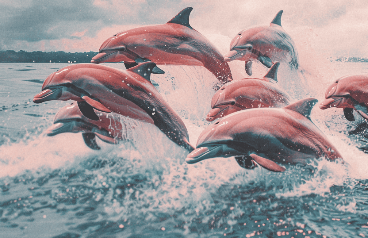 Group of Dolphins Leaping out of Water