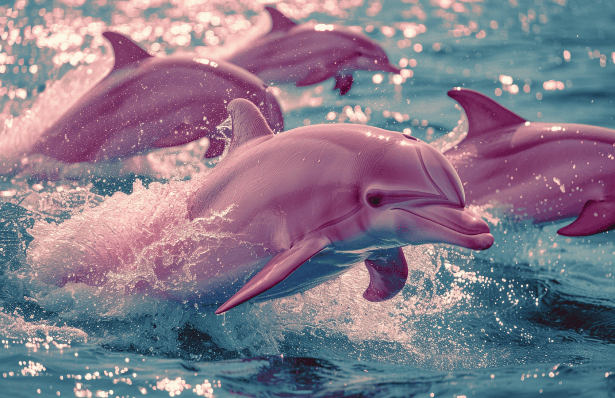 Group of Dolphins Leaping out of Water