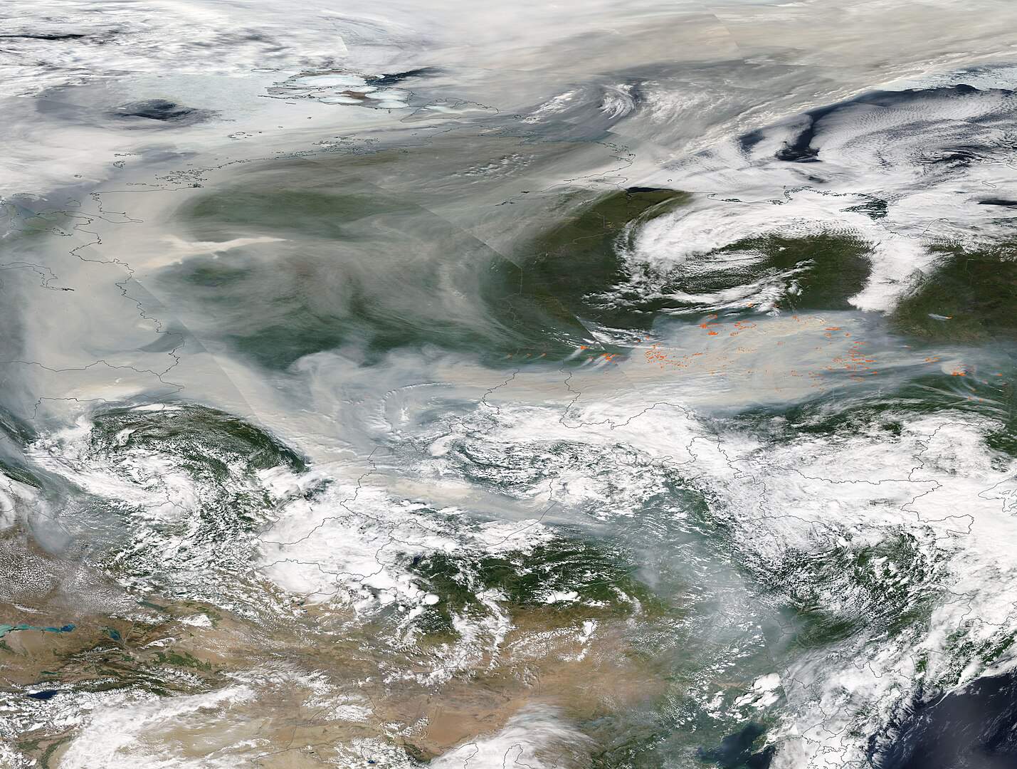 An aerial shot of the smoke caused by the Siberian Taiga wildfires. 