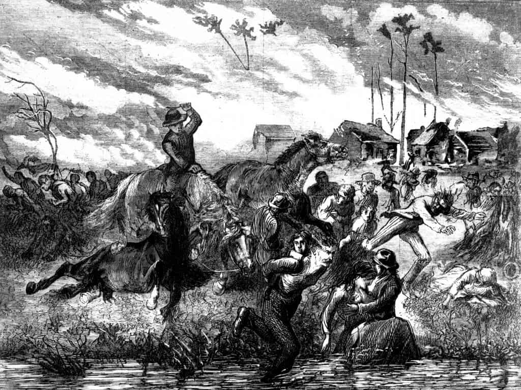 The Peshtigo Fire showing people seeking refuge in the Peshtigo River, 1871