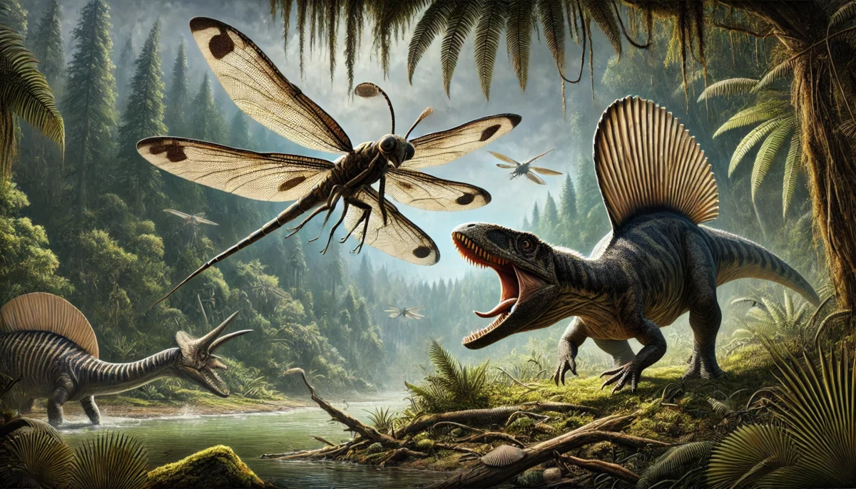 Battle between dinosaur and insect