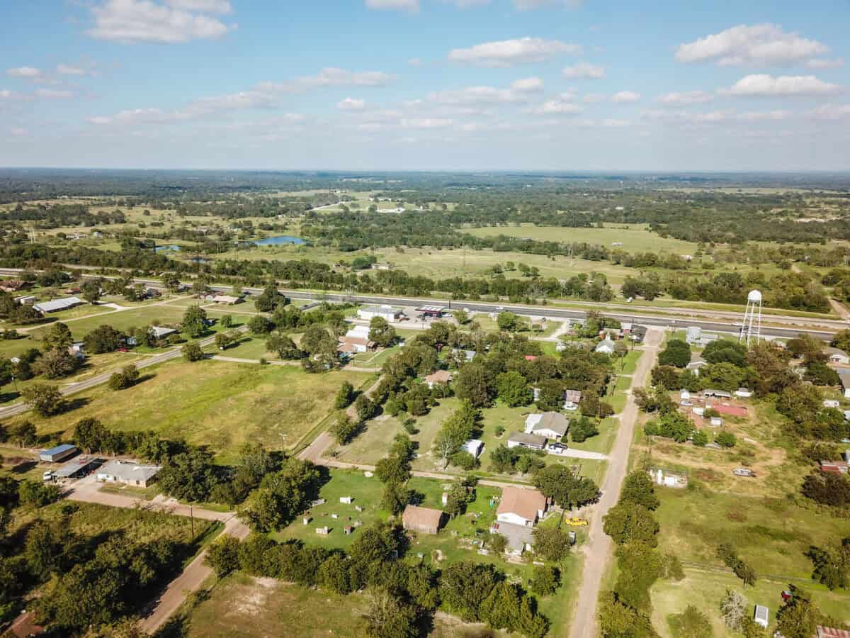 Aerial of Rural Sommervile, Texas in between Austin and Houston.