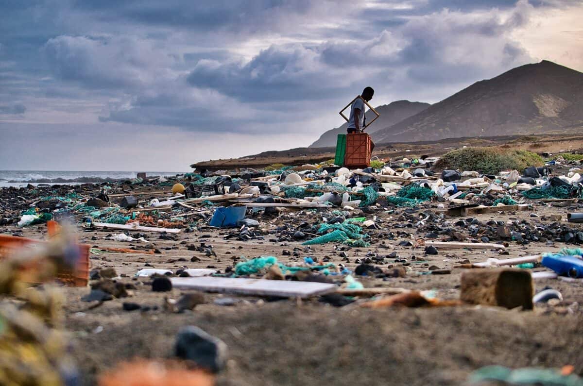 Plastic pollution washed up on beach in Cape Verde.