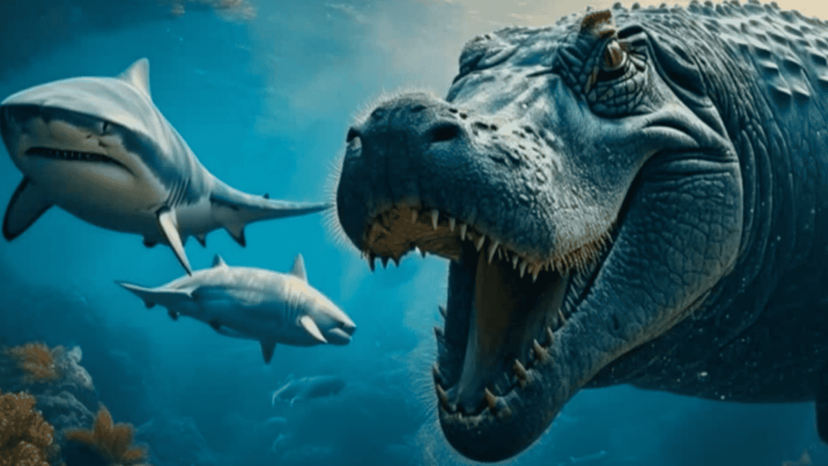 Prehistoric crocodile and sharks.