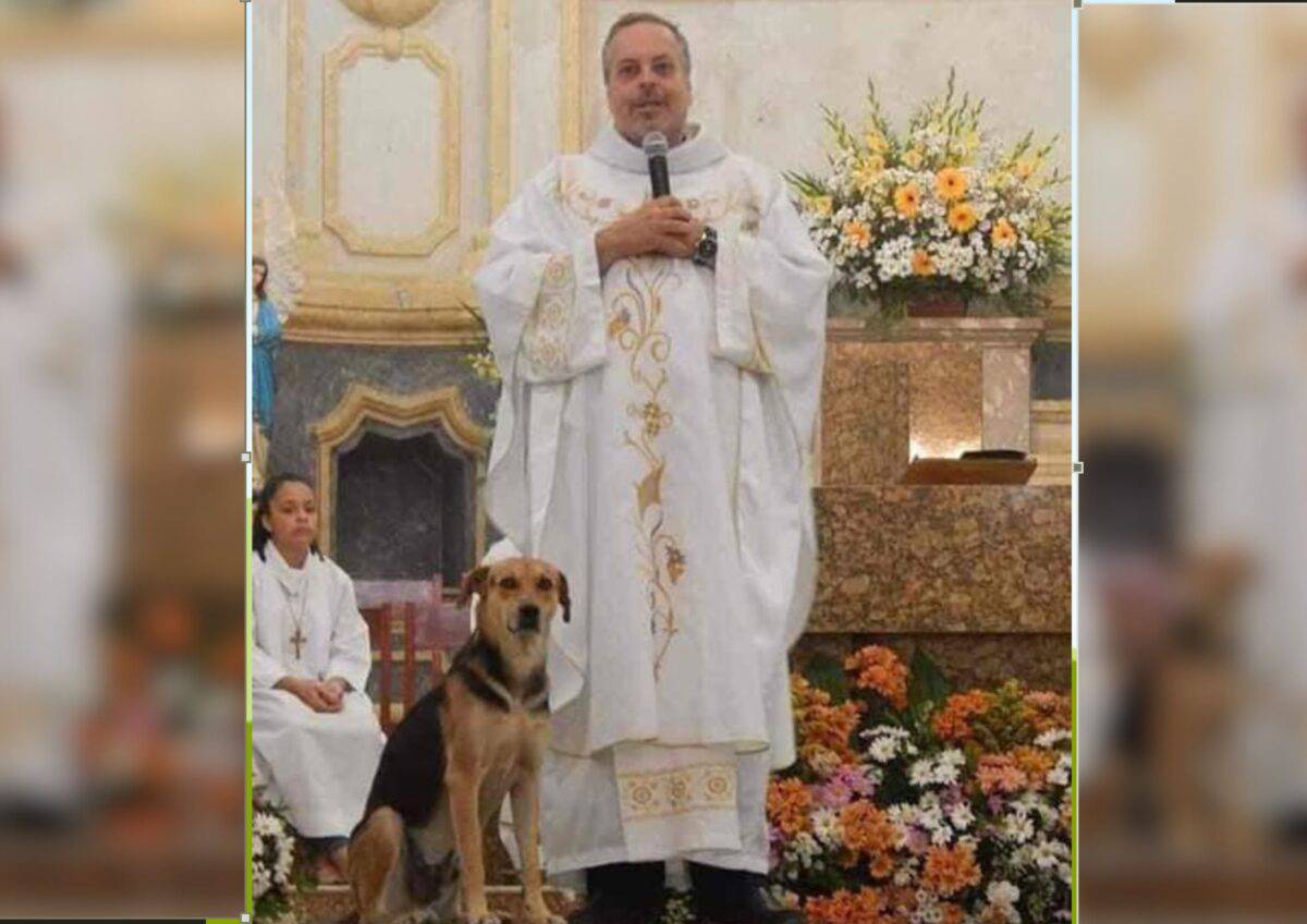 Father João preaching a sermon with a dog beside him at the alter.