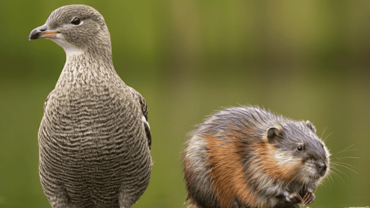 Illustration of Heleocola piceanus next to a bird.