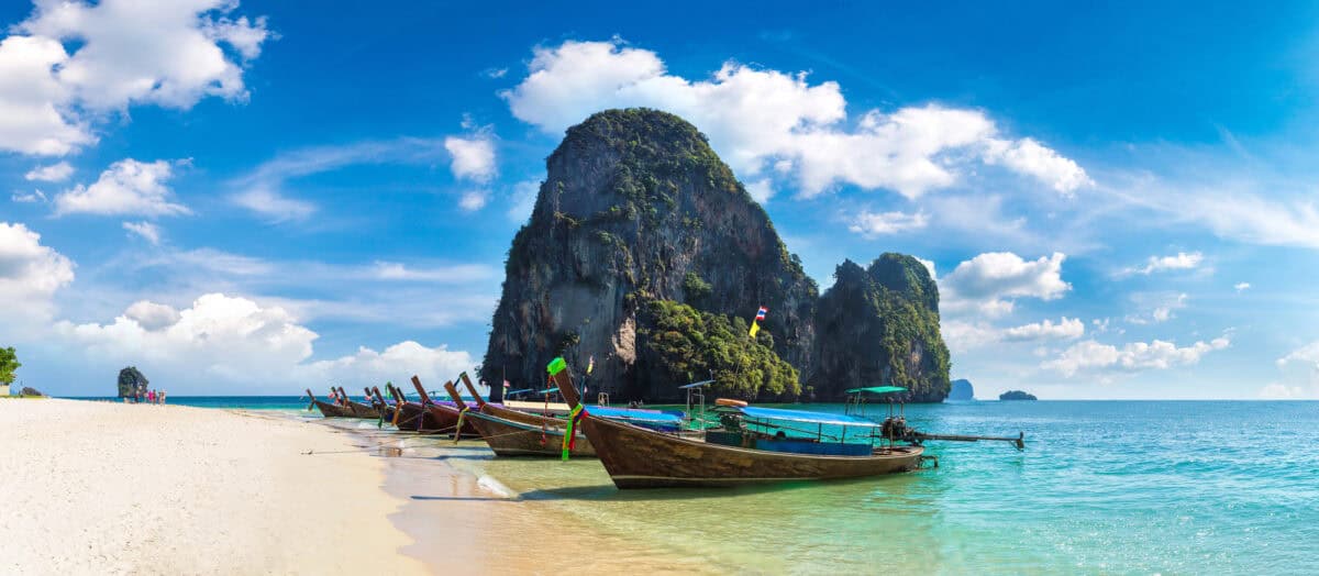 Panorama of Traditional long tail boat on Ao Phra Nang Beach, Krabi,