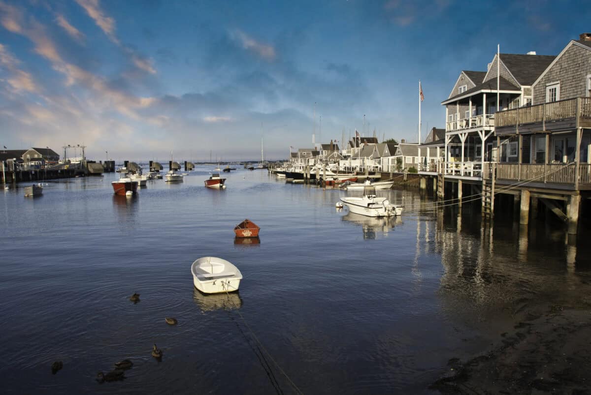 Homes over Water in Nantucket at Sunset, Massachusetts, U.S.A.